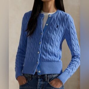 Polo Ralph Lauren Cable Crewneck Cardigan Knit Cotton New Litchfield Blue Sz Med